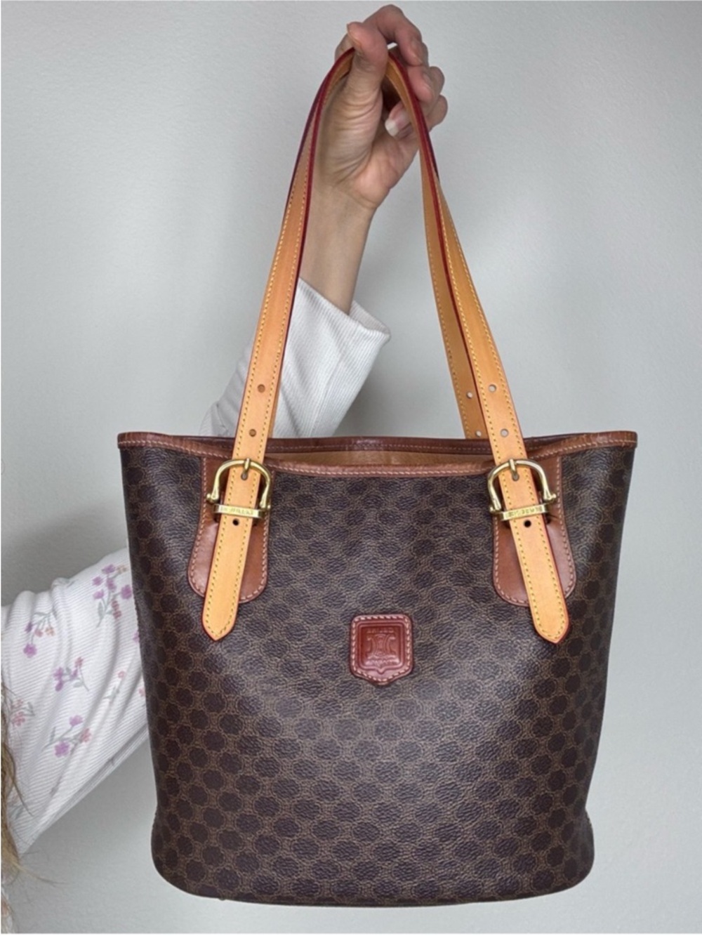 Celine Macadam Brown Coated Canvas Tote with Tan Leather Straps